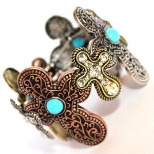 Rustic Multiple Cross Tritone Crystal Turquoise Chunky Wide Stretch Bracelet